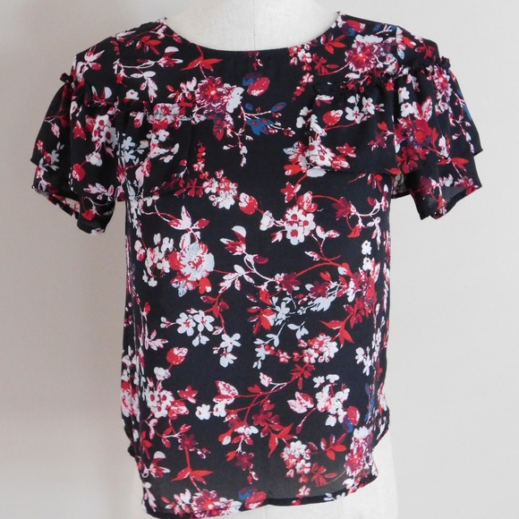 Floral Print Blouse with Ruffles & Zipper